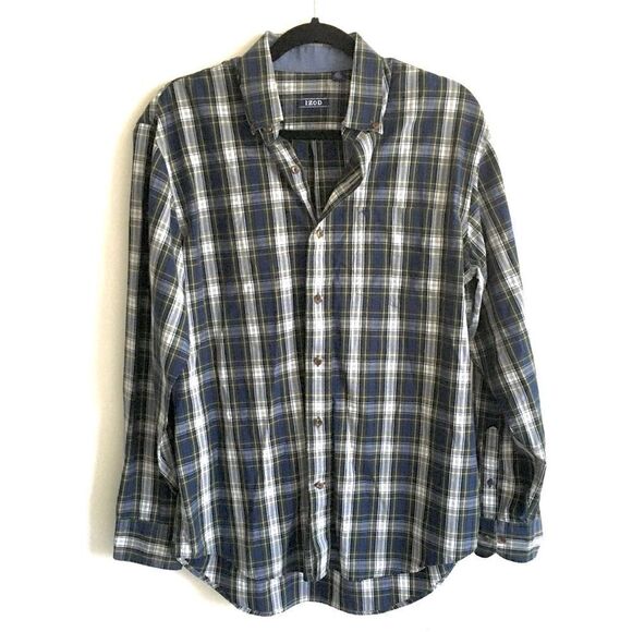 IZOD Plaid Cotton Button Down Long Sleeve Shirt Blue Green White M - Picture 1 of 4
